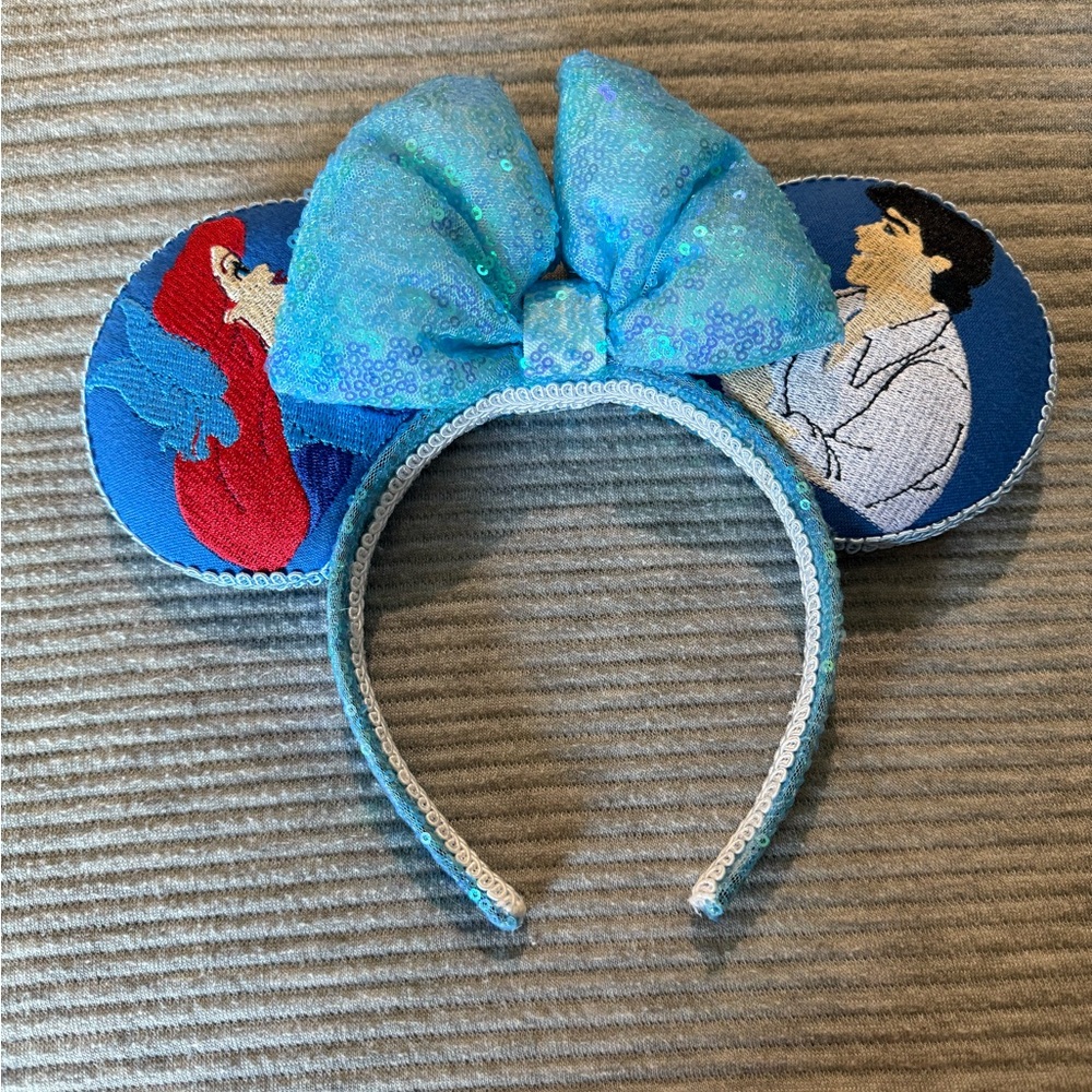 Disney Blue Sequin Bow Headband with custom embroidered Little Mermaid